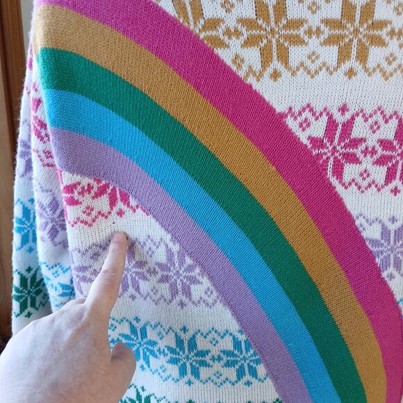 33Degrees Rainbow Unicorn Sweater L fair isle snowflakes soft white tassels ugly - Picture 7 of 15